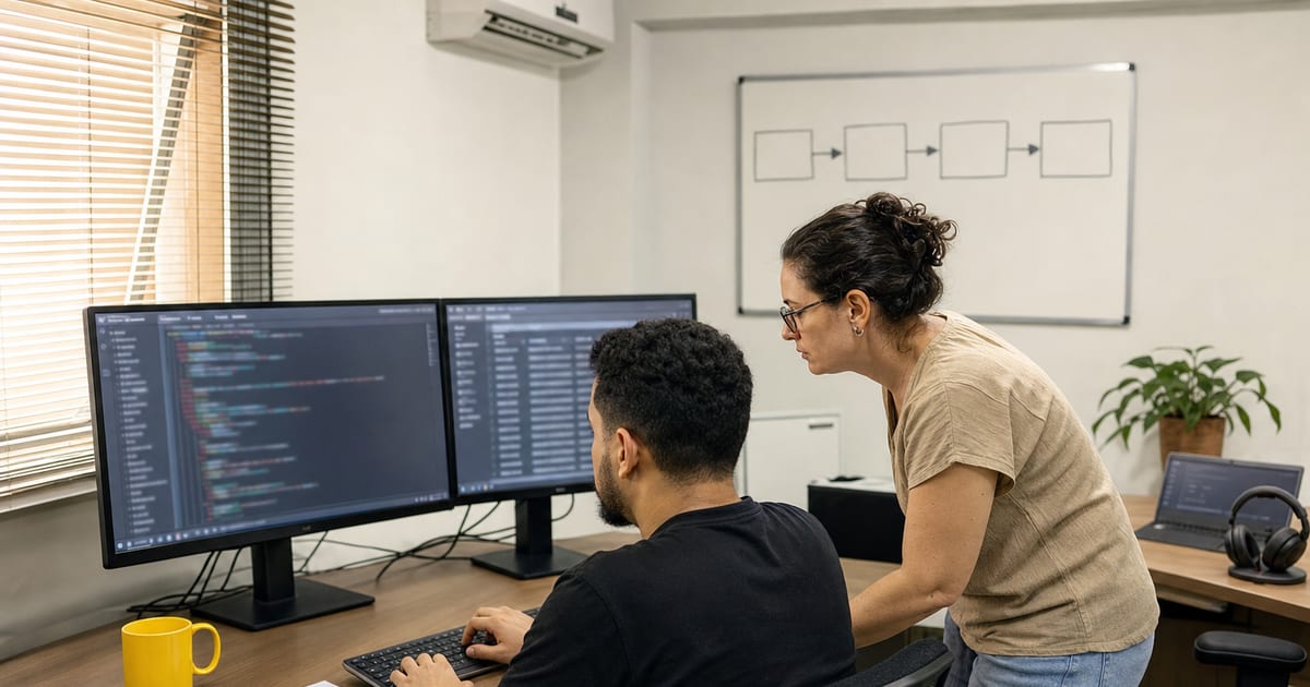 Desenvolvedor e colega analisam fluxo de webhooks em dois monitores ao integrar gateway de pagamento ao ERP